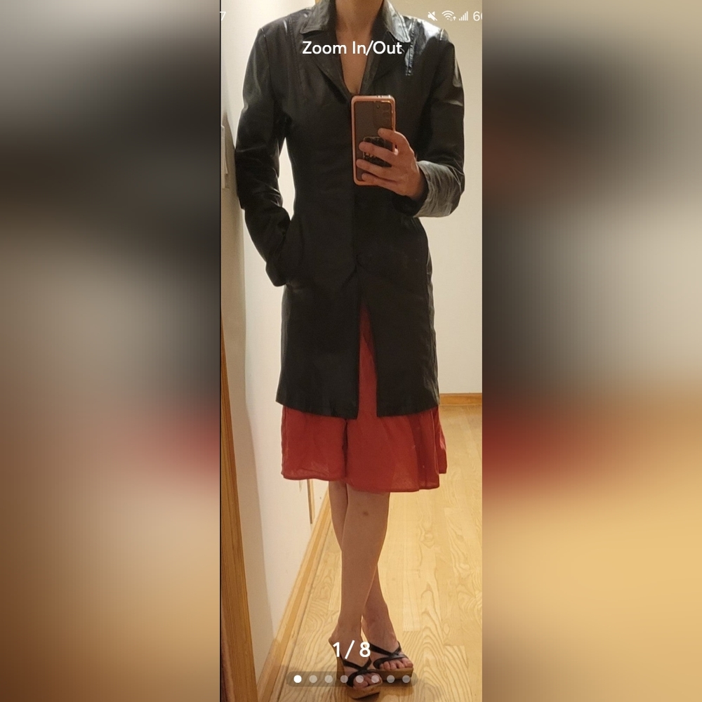 MetroStyle Size 4 Women's tailored fitted long black Leather Jacket Coat 1 Flaw